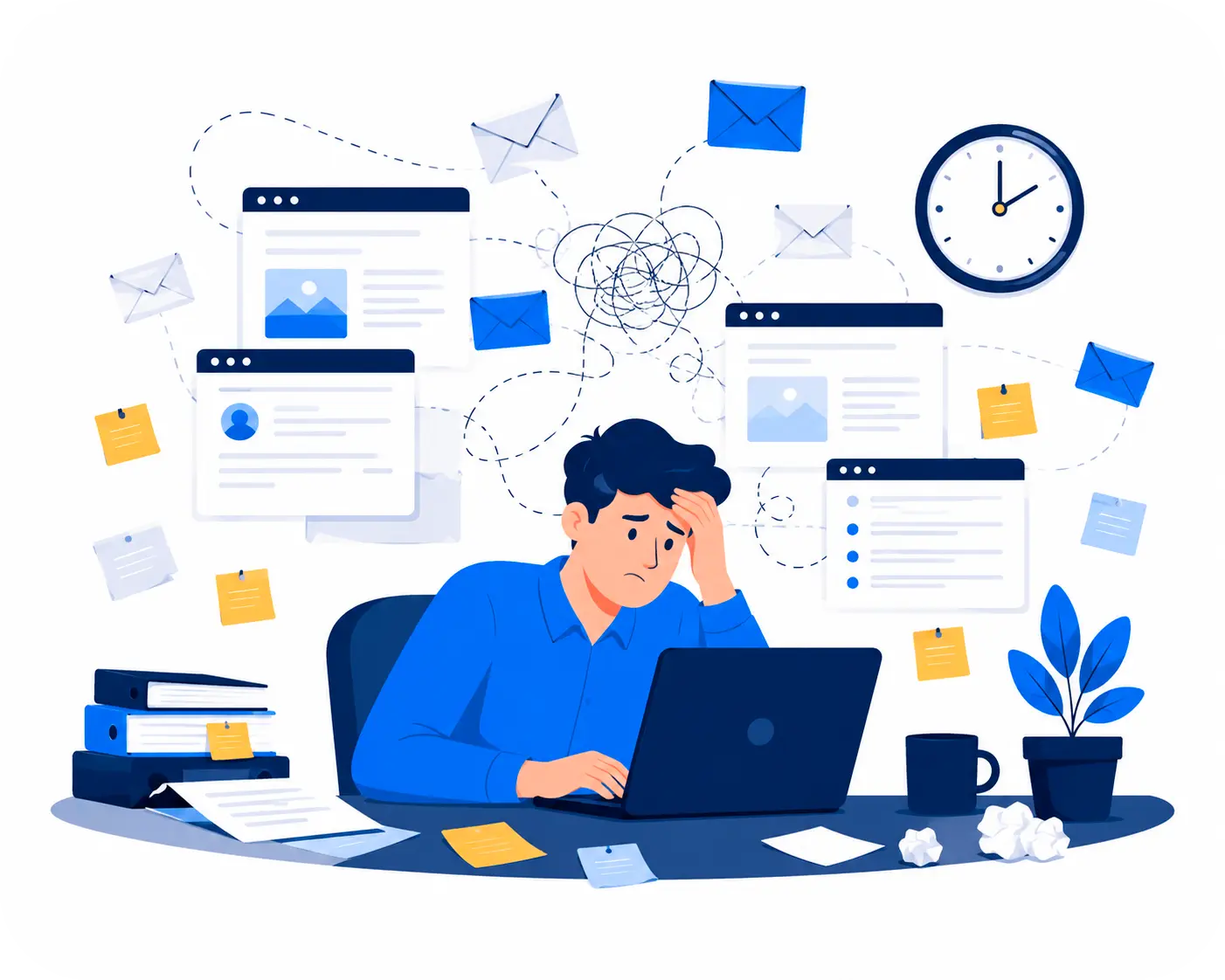 Ilustrasi seseorang kewalahan mengerjakan outreach manual link building dengan banyak email, tab browser, dan dokumen yang menumpuk
