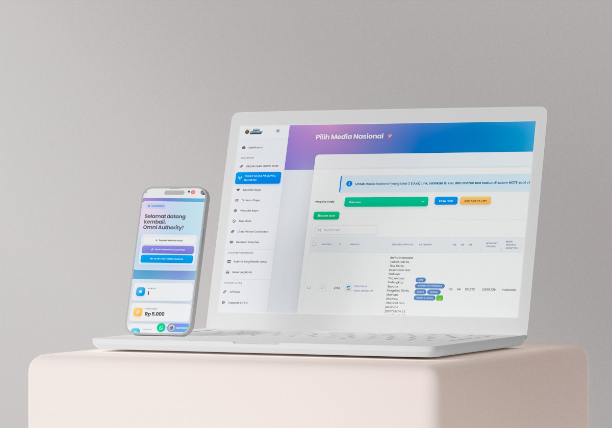 Tampilan dashboard Omni Authority di desktop dan mobile