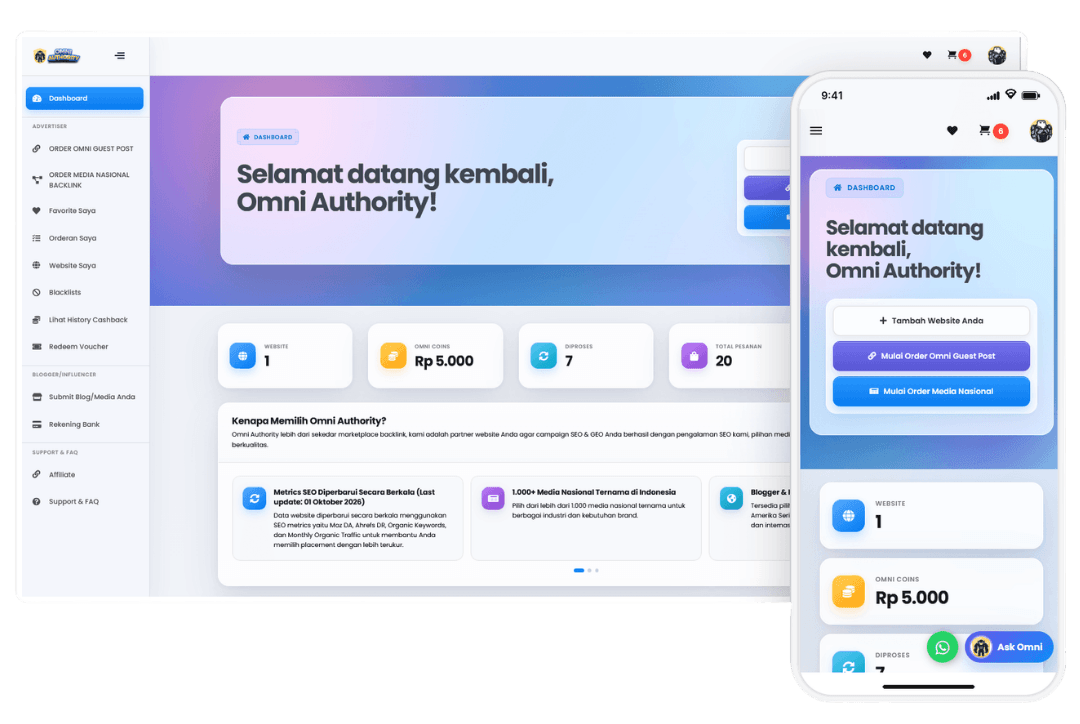 Dashboard Omni Authority untuk memilih media dan blogger melalui desktop dan mobile